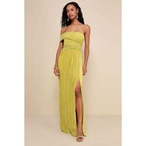 Lulus Poised Performance Chartreuse Plisse One-shoulder Maxi Dress Green